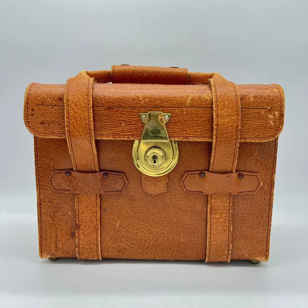 Vintage Camera Bag Brown Leather Train Luggage Small Travel Bag Gold Tone‎ Lock